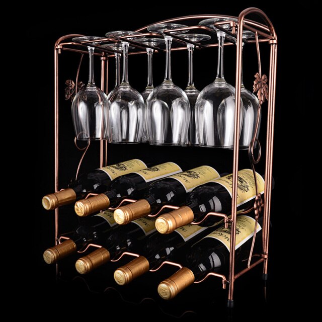 Iron Wine Bottle&Glass Cup Holder Display Hollow Metal Wine Rack Stand Hanging Drink Glasses Stemware Rack Wine Collection Shelf